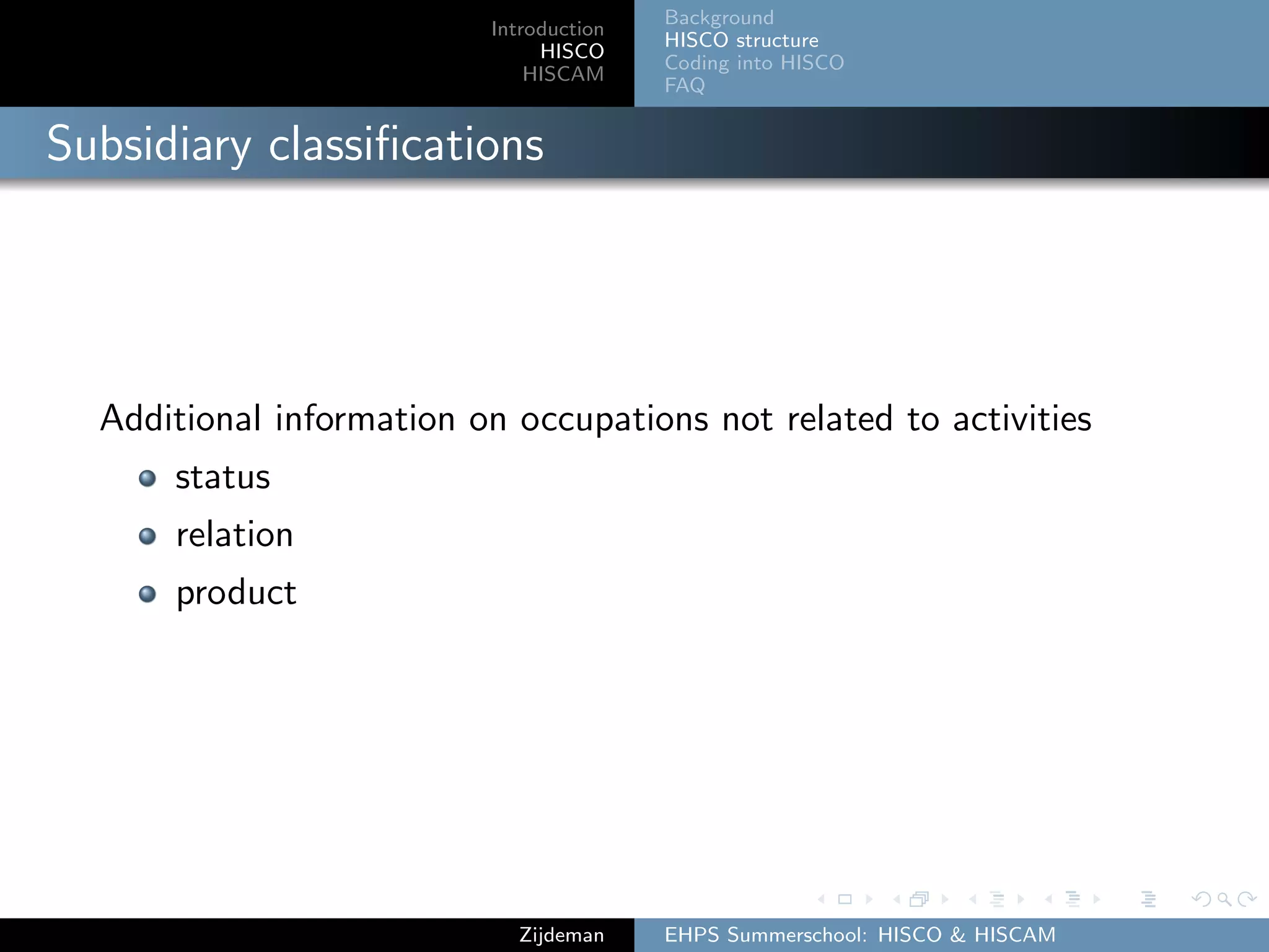 Introduction
HISCO
HISCAM
Background
HISCO structure
Coding into HISCO
FAQ
Subsidiary classiﬁcations
Additional information on occupations not related to activities
status
relation
product
Zijdeman EHPS Summerschool: HISCO & HISCAM
 
