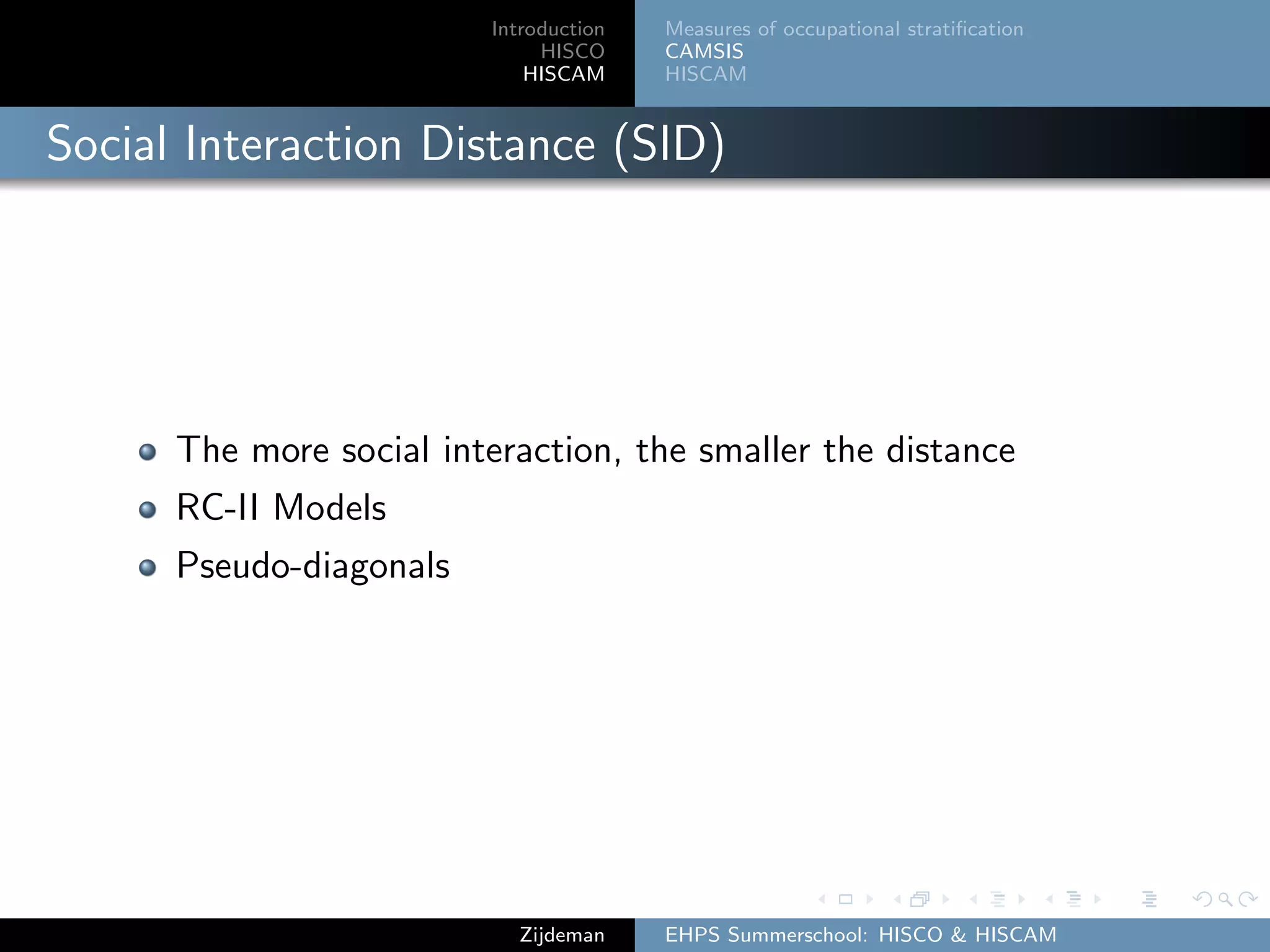 Introduction
HISCO
HISCAM
Measures of occupational stratiﬁcation
CAMSIS
HISCAM
Social Interaction Distance (SID)
The more social interaction, the smaller the distance
RC-II Models
Pseudo-diagonals
Zijdeman EHPS Summerschool: HISCO & HISCAM
 
