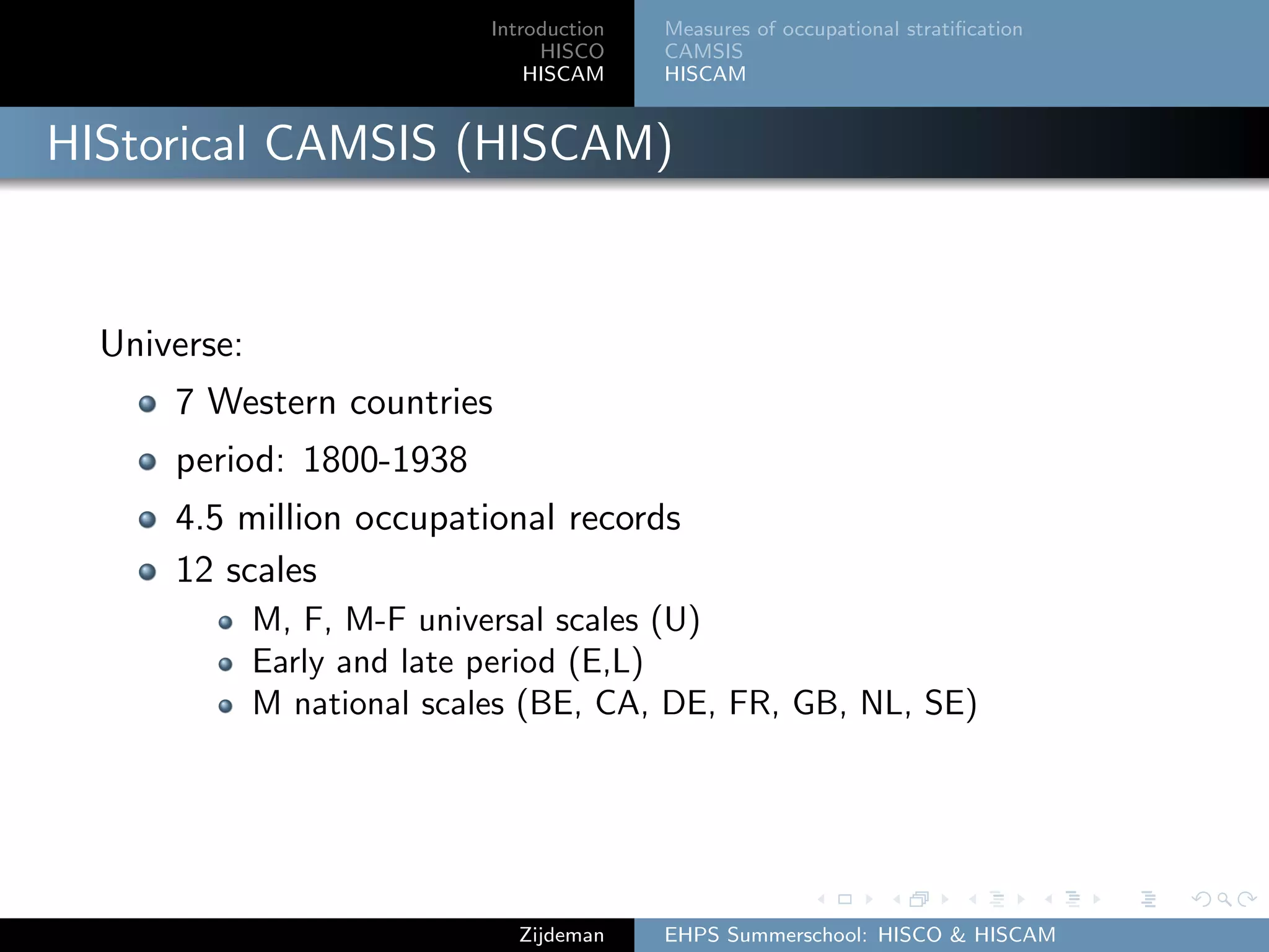 Introduction
HISCO
HISCAM
Measures of occupational stratiﬁcation
CAMSIS
HISCAM
HIStorical CAMSIS (HISCAM)
Universe:
7 Western countries
period: 1800-1938
4.5 million occupational records
12 scales
M, F, M-F universal scales (U)
Early and late period (E,L)
M national scales (BE, CA, DE, FR, GB, NL, SE)
Zijdeman EHPS Summerschool: HISCO & HISCAM
 