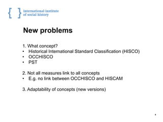 New problems
1. What concept?
• Historical International Standard Classification (HISCO)
• OCCHISCO
• PST
2. Not all measu...