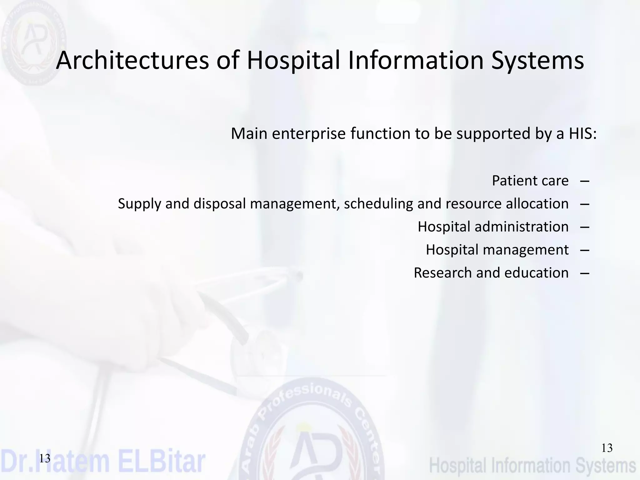13
13
Architectures of Hospital Information Systems
Main enterprise function to be supported by a HIS:
–Patient care
–Supply and disposal management, scheduling and resource allocation
–Hospital administration
–Hospital management
–Research and education
 