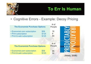 To Err Is Human

• Cognitive Errors - Example: Decoy Pricing
                                        # of
    The Economist Purchase Options     People

• Economist.com subscription   $59      16
• Print subscription           $125     0
• Print & web subscription     $125     84


                                        # of
    The Economist Purchase Options     People

• Economist.com subscription   $59      68
• Print & web subscription     $125     32
                                                (Ariely, 2008)
 