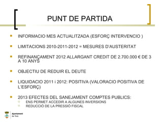 PUNT DE PARTIDA
 INFORMACIO MES ACTUALITZADA (ESFORÇ INTERVENCIO )
 LIMITACIONS 2010-2011-2012 = MESURES D’AUSTERITAT
 REFINANÇAMENT 2012 ALLARGANT CREDIT DE 2.700.000 € DE 3
A 10 ANYS
 OBJECTIU DE REDUIR EL DEUTE
 LIQUIDACIO 2011 i 2012: POSITIVA (VALORACIO POSITIVA DE
L’ESFORÇ)
 2013 EFECTES DEL SANEJAMENT COMPTES PUBLICS:
 ENS PERMET ACCEDIR A ALGUNES INVERSIONS
 REDUCCIÓ DE LA PRESSIÓ FISCAL
 