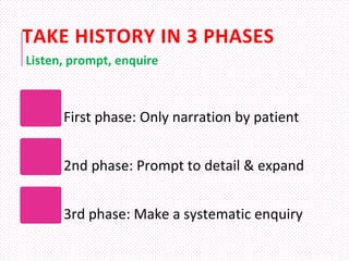 TAKE HISTORY IN 3 PHASES
First phase: Only narration by patient
2nd phase: Prompt to detail & expand
3rd phase: Make a systematic enquiry
Listen, prompt, enquire
 