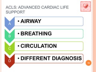 ACLS: ADVANCED CARDIAC LIFE
SUPPORT
A
• AIRWAY
B
• BREATHING
C
• CIRCULATION
D
• DIFFERENT DIAGNOSIS
19
 