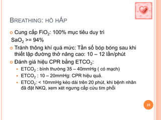 BREATHING: HÔ HẤP
 Cung cấp FiO2: 100% mục tiêu duy trì
SaO2 >= 94%
 Tránh thông khí quá mức: Tần số bóp bóng sau khi
thiết lập đường thở nâng cao: 10 – 12 lần/phút
 Đánh giá hiệu CPR bằng ETCO2:
 ETCO2 : bình thường 35 – 40mmHg ( có mạch)
 ETCO2 : 10 – 20mmHg: CPR hiệu quả.
 ETCO2: < 10mmHg kéo dài trên 20 phút, khi bệnh nhân
đã đặt NKQ, xem xét ngưng cấp cứu tim phổi
25
 