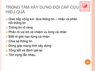 TRỌNG TÂM XÂY DỰNG ĐỘI CẤP CỨU
HIỆU QUẢ
 Giao tiếp vòng kín: đưa thông tin – nhận và phản
hồi thông tin
 Thông tin rõ ràng
 Phân rõ vai trò và nhiệm vụ từng cá nhân
 Biết rõ giới hạn từng cá nhân
 Chia sẻ thông tin
 Đóng góp mang tính xây dựng
 Tổng kết và đánh giá lại
 Tôn trọng lẫn nhau.
33
 