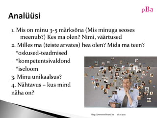 1. Mis on minu 3-5 märksõna (Mis minuga seoses meenub?) Kes ma olen? Nimi, väärtused2. Milles ma (teiste arvates) hea olen? Mida ma teen?*oskused-teadmised