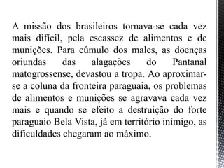 A missão dos brasileiros tornava-se cada vez
mais difícil, pela escassez de alimentos e de
munições. Para cúmulo dos males, as doenças
oriundas das alagações do Pantanal
matogrossense, devastou a tropa. Ao aproximar-
se a coluna da fronteira paraguaia, os problemas
de alimentos e munições se agravava cada vez
mais e quando se efeito a destruição do forte
paraguaio Bela Vista, já em território inimigo, as
dificuldades chegaram ao máximo.
 