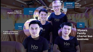Jay 
CEO
30years  
Family 
Charter bus
business
Data
science
Expert
Marshall
Head of  
Data science
 
Ohm
CMO
4 years in  
Digital marketing
 
Toon  
CTO
5 years experience  
with Full stack dev.
 