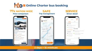 Price comparison
77x NATION WIDE
Trip management
SAFE
Online Charter bus booking
2 days > 15 minitues
Driver detail
SERVICE
 