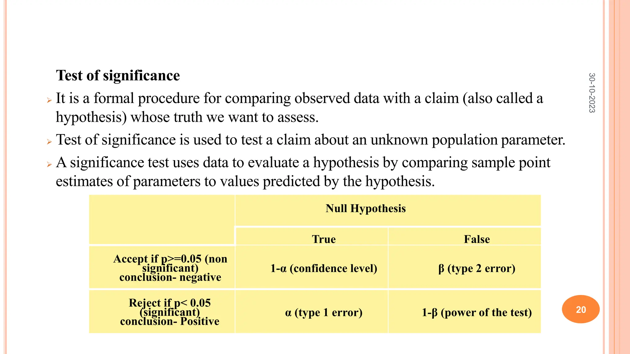 Test of significance
 It is a formal procedure for comparing observed data with a claim (also called a
hypothesis) whose truth we want to assess.
 Test of significance is used to test a claim about an unknown population parameter.
 A significance test uses data to evaluate a hypothesis by comparing sample point
estimates of parameters to values predicted by the hypothesis.
Null Hypothesis
True False
Accept if p>=0.05 (non
significant)
conclusion- negative
1-α (confidence level) β (type 2 error)
Reject if p< 0.05
(significant)
conclusion- Positive
α (type 1 error) 1-β (power of the test)
30-10-2023
20
 