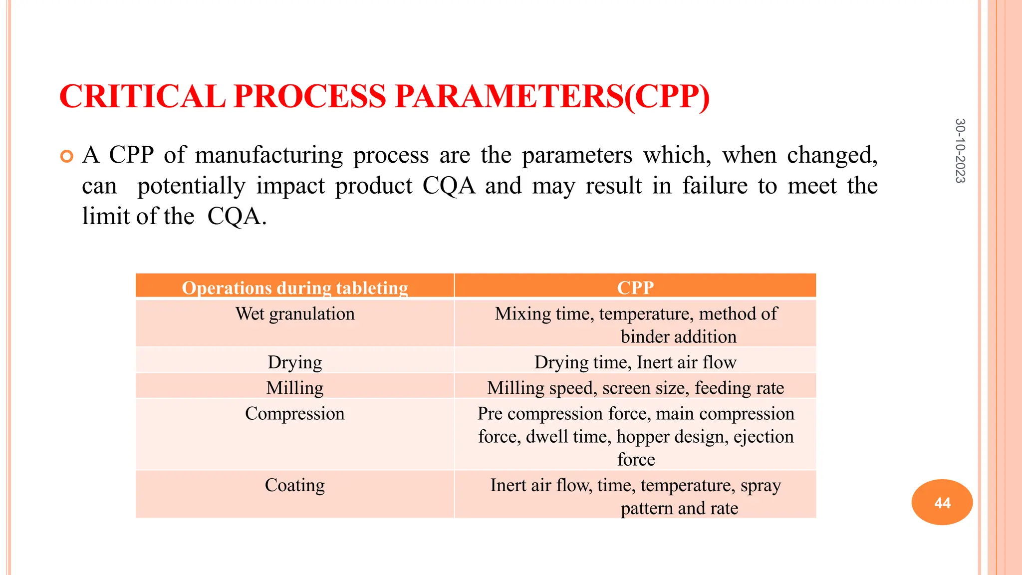 CRITICAL PROCESS PARAMETERS(CPP)
 A CPP of manufacturing process are the parameters which, when changed,
can potentially impact product CQA and may result in failure to meet the
limit of the CQA.
30-10-2023
44
Operations during tableting CPP
Wet granulation Mixing time, temperature, method of
binder addition
Drying Drying time, Inert air flow
Milling Milling speed, screen size, feeding rate
Compression Pre compression force, main compression
force, dwell time, hopper design, ejection
force
Coating Inert air flow, time, temperature, spray
pattern and rate
 
