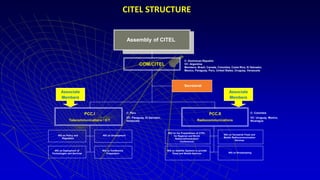 COM/CITEL
Secretariat
PCC.II
Radiocommunications
PCC.I
Telecommunications / ICT
WG on Policy and
Regulation
WG on Development
WG on Deployment of
Technologies and Services
WG for the Preparations of CITEL
for Regional and World
Radiocommunication
Conferences
WG on Terrestrial Fixed and
Mobile Radiocommunication
Services
WG on Satellite Systems to provide
Fixed and Mobile Services WG on Broadcasting
C: Peru
VC: Paraguay, El Salvador,
Venezuela
C: Colombia
VC: Uruguay, Mexico,
Nicaragua
C: Dominican Republic
VC: Argentina
Members: Brazil, Canada, Colombia, Costa Rica, El Salvador,
Mexico, Paraguay, Peru, United States, Uruguay, Venezuela
Assembly of CITEL
Associate
Members
CITEL STRUCTURE
WG on Conference
Preparation
Associate
Members
 