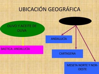 UBICACIÓN GEOGRÁFICA
OLIVO Y ACEITE DE
OLIVA
BAETICA: ANDALUCÍA
METALES
ANDALUCÍA
CARTAGENA
MESETA NORTE Y NOR-
OESTE
 