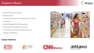 Hispanic 
Moms 
• Head 
of 
HH, 
decision 
makers 
• Median 
Age 
34 
• Consume 
Online 
Content 
to 
make 
most 
use 
of 
their 
limited 
jme 
• Mobile 
Shopping 
is 
#1 
efficiency 
tacjc 
• 75% 
Travel 
with 
3+ 
Members 
of 
Family 
• Content 
they’re 
seeking: 
Cooking, 
Parenjng, 
Vacajon, 
Holiday, 
BTS 
Sample 
Publishers 
 
