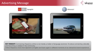 Advertising 
Message 
Spanglish ¡Vámonos! 
KEY INSIGHT: Connecting Hispanics online is not merely a matter of language anymore: It’s about connecting culturally 
and becoming a catalyst in the community. 
Online Hispanics move from Spanish to English and back again in different moments of an interactive brand experience. 
 