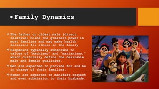  Family Dynamics
 The father or oldest male (direct
relative) holds the greatest power in
most families and may make health
decisions for others in the family.
 Hispanics typically subscribe to
values of “machismo” and “marianismo,”
which culturally define the desirable
male and female qualities.
 Men are expected to provide for and be
in charge of their families.
 Women are expected to manifest respect
and even submission to their husbands.
 