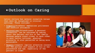  Outlook on Caring
Latino culture has several normative values
that must be recognized in clinical
settings. These includes:
 Simpatía(kindness) emphasizes politeness
and conflict avoidance.
 Personalismo(friendliness) a personal
connection, can be achieved by asking
about the patient and his or her family.
Because people stand closer to each other
in most Latino cultures, physical
proximity is also perceived as being more
personable.
 Respeto(respect) implies attentive concern
for the patient and respect of his or her
personhood and age, especially if the
patient is older.
 