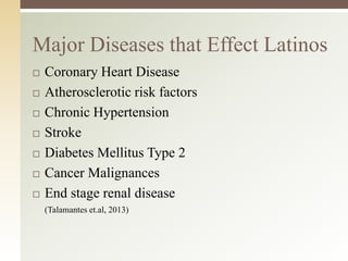 Major Diseases that Effect Latinos









Coronary Heart Disease
Atherosclerotic risk factors
Chronic Hypertension
Stroke
Diabetes Mellitus Type 2
Cancer Malignances
End stage renal disease
(Talamantes et.al, 2013)

 