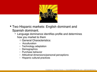  Two Hispanic markets: English dominant and
  Spanish dominant.
   • Language dominance identifies profile and determines
     how you market to them
       o General Characteristics:
      -   Acculturation
      -   Technology adaptation
      -   Demographics
      -   Purchase behavior
      -   Attitudinal dimensions/personal perceptions
      -   Hispanic cultural practices



                               Created by: Victoria Osorio | Victoria@SellDirectly.com | @VictoriaEOsorio
 