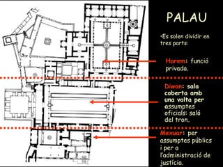 PALAU Mexuar :  per assumptes públics i per a l’administració de justícia. Diwan : sala coberta amb una volta per a ssumptes oficials: saló del tron . Harem :  funció privada. Es solen dividir en tres parts: 