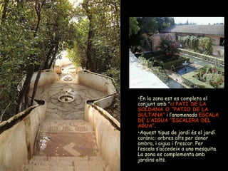 En la zona est es completa el conjunt amb " el  PATI DE LA SOLDANA O “PATIO DE LA SULTANA”  i l’anomenada  ESCALA DE L’AIGUA “ESCALERA DEL AGUA” .  Aquest tipus de jardí és el jardí corànic: arbres alts per donar ombra, i aigua i frescor. Per l’escala s’accedeix a una mesquita. La zona es complementa amb jardins alts. 
