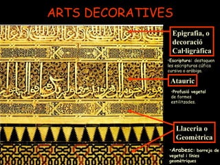 ARTS DECORATIVES Escriptura:  destaquen les escripturas cúfica cursiva o aràbiga. Profusió vegetal  de formes estilitzades. Arabesc : barreja de vegetal i línies geomètriques Epigrafia, o  decoració  Cal·ligràfica Atauric Llaceria o Geomètrica 