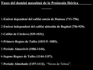 Fases del domini musulmà de la Península Ibèrica   1- Emirat dependent del califat omeia de Damasc (711-756).  2- Emirat independent del califat abàssida de Bagdad (756-929).   3- Califat de Còrdova (929-1031).   4- Primers Regnes de Taifes (1031/5- 1085). . 5- Període Almoràvit (1086-1144).   6- Segons Regnes de Taifes (1144-1157).   7- Període Almohade (1157-1112).   “Navas de Tolosa”. 8-Regne nassarita de Granada  (1237-1492 ). Reis Catòlics. 