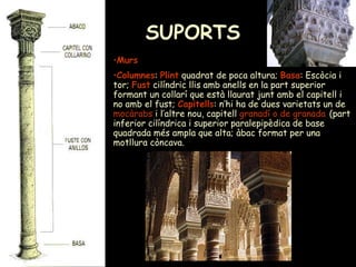 SUPORTS Murs   Columnes :  Plint  quadrat de poca altura;  Basa : Escòcia i tor;  Fust  cilíndric llis amb anells en la part superior formant un collarí que està llaurat junt amb el capitell i no amb el fust;  Capitells : n’hi ha de dues varietats un de   mocàrabs  i l’altre nou, capitell  granadí o de granada   (part inferior cilíndrica i superior paralepipèdica de base quadrada més ampla que alta; àbac format per una motllura còncava. 