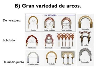 B) Gran variedad de arcos.
De herradura
Lobulado
De medio punto
 