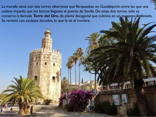 La muralla tenía con dos torres albarranas que flanqueaban en Guadalquivir, entre las que una
cadena impedía que los barcos llegasen al puerto de Sevilla. De estas dos torres, sólo se
conserva la llamada Torre del Oro, de planta decagonal que culmina en un parapeto almenado.
Se revistió con azulejos dorados, lo que le da el nombre.
 