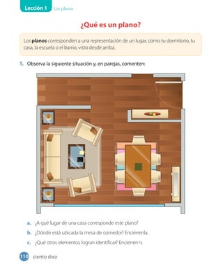 Lección 1 Los planos
¿Qué es un plano?
Los planos corresponden a una representación de un lugar, como tu dormitorio, tu
casa, la escuela o el barrio, visto desde arriba.
1. Observa la siguiente situación y, en parejas, comenten:
a. ¿A qué lugar de una casa corresponde este plano?
b. ¿Dónde está ubicada la mesa de comedor? Enciérrenla.
c. ¿Qué otros elementos logran identificar? Encierren 4.
110 ciento diez
 