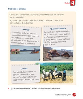 #
Unidad
Tradiciones chilenas
Chile cuenta con diversas tradiciones y costumbres que son parte de
nuestra identidad.
Algunas son propias de una localidad o región, mientras que otras son
representativas de todo el país.
1. ¿Qué tradición se destaca en la zona donde vives? Descríbela.
La minga
Tradición de Chiloé, en la cual la
comunidad se reúne para colaborar
en una tarea en común; por
ejemplo, el traslado de una casa o la
cosecha de la papa, entre otras.
Quema de monos
Costumbre de algunas ciudades
de la Zona Norte en que queman
muñecos gigantes hechos de
papel y trapos durante las fiestas
de Año Nuevo para quemar
todo lo malo.
La trilla
Esta actividad se realiza en los
campos chilenos de la zona
central. Se utilizan caballos para
separar la paja del grano de trigo.
163ciento sesenta y tres
 