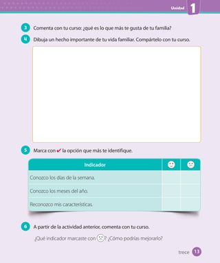 Unidad
1
3 Comenta con tu curso: ¿qué es lo que más te gusta de tu familia?
4 Dibuja un hecho importante de tu vida familiar. Compártelo con tu curso.
5 Marca con la opción que más te identifique.
Indicador
Conozco los días de la semana.
Conozco los meses del año.
Reconozco mis características.
6 A partir de la actividad anterior, comenta con tu curso.
¿Qué indicador marcaste con ? ¿Cómo podrías mejorarlo?
13trece
 