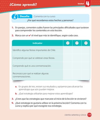 #
Unidad
¿Cómo aprendí?
175
1. En parejas, comenten cuáles fueron las principales dificultades que tuvieron
para comprender los contenidos en esta lección.
2. Marca con un el nivel que más te identifique, según cada caso.
Indicador
Identifico algunas fiestas importantes de Chile.
Comprendo por qué se celebran estas fiestas.
Comprendo qué es una conmemoración.
Reconozco por qué se realizan algunas
conmemoraciones.
a. En grupos de tres, revisen sus resultados y apóyense para alcanzar los
aprendizajes que aún pueden mejorar.
b. ¿Qué estrategia utilizarían para mejorar estos aprendizajes?
3. ¿Crees que las estrategias que marcaste al inicio de la lección te sirvieron?
4. ¿Qué estrategia te gustaría utilizar en la próxima lección? Comenta con tu
curso y explica por qué escogiste esa estrategia.
Comenta con tu curso:
¿Por qué recordamos estos hechos y personas?
Desafío
ciento setenta y cinco
 