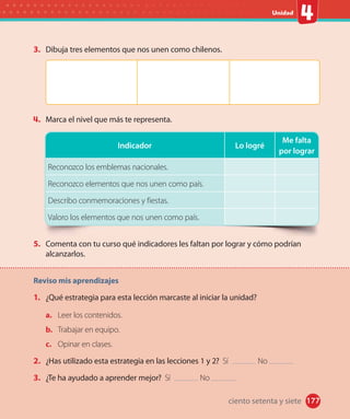 #
Unidad
177
3. Dibuja tres elementos que nos unen como chilenos.
4. Marca el nivel que más te representa.
Indicador Lo logré
Me falta
por lograr
Reconozco los emblemas nacionales.
Reconozco elementos que nos unen como país.
Describo conmemoraciones y fiestas.
Valoro los elementos que nos unen como país.
5. Comenta con tu curso qué indicadores les faltan por lograr y cómo podrían
alcanzarlos.
Reviso mis aprendizajes
1. ¿Qué estrategia para esta lección marcaste al iniciar la unidad?
a. Leer los contenidos.
b. Trabajar en equipo.
c. Opinar en clases.
2. ¿Has utilizado esta estrategia en las lecciones 1 y 2? Sí No
3. ¿Te ha ayudado a aprender mejor? Sí No
ciento setenta y siete
 