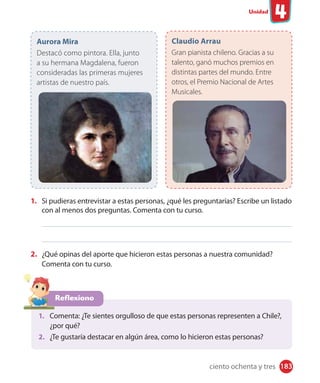#
Unidad
183
Aurora Mira
Destacó como pintora. Ella, junto
a su hermana Magdalena, fueron
consideradas las primeras mujeres
artistas de nuestro país.
Claudio Arrau
Gran pianista chileno. Gracias a su
talento, ganó muchos premios en
distintas partes del mundo. Entre
otros, el Premio Nacional de Artes
Musicales.
1. Si pudieras entrevistar a estas personas, ¿qué les preguntarías? Escribe un listado
con al menos dos preguntas. Comenta con tu curso.
2. ¿Qué opinas del aporte que hicieron estas personas a nuestra comunidad?
Comenta con tu curso.
Reflexiono
1. Comenta: ¿Te sientes orgulloso de que estas personas representen a Chile?,
¿por qué?
2. ¿Te gustaría destacar en algún área, como lo hicieron estas personas?
ciento ochenta y tres
 