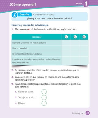 Unidad
¿Cómo aprendí? 1
Escucha y realiza las actividades.
1. Marca con un el nivel que más te identifique, según cada caso.
2. En parejas, comenten cómo pueden mejorar los indicadores que no
lograron del todo.
3. Comenten, ¿creen que trabajar en equipo es una buena forma para
aprender?, ¿por qué?
4. ¿Cuál de las estrategias propuestas al inicio de la lección te sirvió más
para aprender?
a. Opinar en clases.
b. Trabajar en equipo.
c. Dibujar.
Indicador
Nombrar y ordenar los meses del año.
Usar el calendario.
Reconocer las estaciones del año.
Identificar actividades que se realizan en las diferentes
estaciones del año.
Comenta con tu curso:
¿Para qué nos sirve conocer los meses del año?
Desafío
treinta y tres 33
 