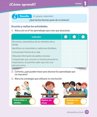 Unidad
¿Cómo aprendí? 1
Escucha y realiza las actividades.
1. Marca con un los aprendizajes que crees que alcanzaste.
2. Comenta, ¿qué pueden hacer para alcanzar los aprendizajes que
no marcaron?
3. Marca las estrategias que utilizaste en esta lección.
Indicador
Reconoces características de los miembros de tu
familia.
Identificas tus costumbres y tradiciones familiares.
Comunicaste hechos de tu vida.
Obtuviste información de adultos cercanos.
Comprendes que conocer tu historia personal es
importante y te permite saber que eres una
persona única.
cincuenta y cinco
Opinar en
clases
Trabajar en
equipo
Entrevistar a
adultos
En grupos, respondan:
¿Qué hechos forman parte de mi historia?
Desafío
55
 