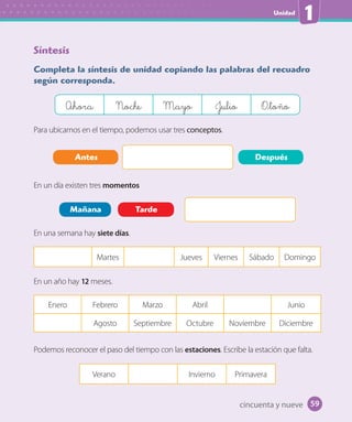 Unidad
1
Síntesis
Completa la síntesis de unidad copiando las palabras del recuadro
según corresponda.
Ahora Noche Mayo Julio O_toño
Para ubicarnos en el tiempo, podemos usar tres conceptos.
Antes Después
En un día existen tres momentos
Mañana Tarde
En una semana hay siete días.
Martes Jueves Viernes Sábado Domingo
En un año hay 12 meses.
Enero Febrero Marzo Abril Junio
Agosto Septiembre Octubre Noviembre Diciembre
Podemos reconocer el paso del tiempo con las estaciones. Escribe la estación que falta.
Verano Invierno Primavera
cincuenta y nueve 59
 
