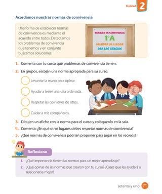 Unidad
2
71
Acordamos nuestras normas de convivencia
Una forma de establecer normas
de convivencia es mediante el
acuerdo entre todos. Detectamos
los problemas de convivencia
que tenemos y en conjunto
buscamos soluciones.
1. Comenta con tu curso qué problemas de convivencia tienen.
2. En grupos, escojan una norma apropiada para su curso.
Levantar la mano para opinar.
Ayudar a tener una sala ordenada.
Respetar las opiniones de otros.
Cuidar a mis compañeros.
3. Dibujen un afiche con la norma para el curso y colóquenlo en la sala.
4. Comenta: ¿En qué otros lugares debes respetar normas de convivencia?
5. ¿Qué normas de convivencia podrían proponer para jugar en los recreos?
Reflexiono
1. ¿Qué importancia tienen las normas para un mejor aprendizaje?
2. ¿Qué opinas de las normas que crearon con tu curso? ¿Crees que les ayudará a
relacionarse mejor?
setenta y uno
 