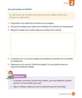 Unidad
2
83
¿En qué trabaja mi familia?
En cada familia hay miembros que realizan distintos trabajos. Todos estos
trabajos son importantes.
1. Pregúntales a los adultos de tu familia en qué trabajan.
2. ¿Por qué los trabajos que realizan los miembros de tu familia son importantes?
3. Dibuja los trabajos que realizan algunos miembros de tu familia.
4. Compartan con su curso los trabajos que realizan los miembros de sus familias
y compárenlos.
5. Organicen con su curso el "Día de los trabajos", en que podrán vestirse y
representar distintos trabajos.
Reflexiono
1. En parejas, comenten: Cuando sean adultos, ¿con qué trabajo les gustaría
aportar a la comunidad?, ¿por qué?
2. Elige un trabajo y explica por qué es importante para la comunidad.
ochenta y tres
 