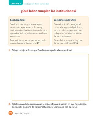 Lección 3 Instituciones de mi comunidad
94
¿Qué labor cumplen las instituciones?
Carabineros de Chile
Es una institución a cargo del
orden y la seguridad pública en
todo el país. Las personas que
trabajan en esta institución se
llaman carabineros.
Para solicitar su ayuda, hay que
llamar por teléfono al 133.
Los hospitales
Son instituciones que se encargan
de atender a pacientes enfermos y
accidentados. En ellos trabajan distintos
tipos de médicos, enfermeros, auxiliares,
entre otros.
Para solicitar su ayuda, podemos pedir
una ambulancia llamando al 131.
1. Dibuja un ejemplo en que Carabineros ayude a la comunidad.
2. Pídele a un adulto cercano que te relate alguna situación en que haya tenido
que acudir a alguna de estas instituciones. Coméntala con tu curso.
noventa y cuatro
 