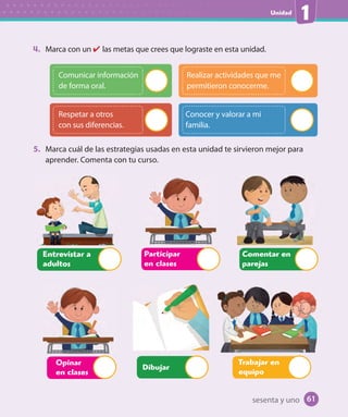 Unidad
1
4. Marca con un ✔ las metas que crees que lograste en esta unidad.
Comunicar información
de forma oral.
Respetar a otros
con sus diferencias.
Realizar actividades que me
permitieron conocerme.
Conocer y valorar a mi
familia.
5. Marca cuál de las estrategias usadas en esta unidad te sirvieron mejor para
aprender. Comenta con tu curso.
sesenta y uno
Participar
en clases
Trabajar en
equipo
Comentar en
parejas
Opinar
en clases
Dibujar
Entrevistar a
adultos
61
U1_Hist_1B_txt_1/2_Punto.indd 61 23-07-18 13:22
 
