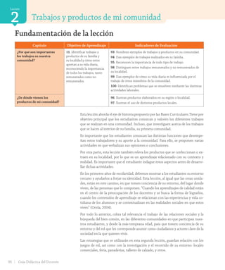 Trabajos y productos de mi comunidad
Lección
2
Capítulo Objetivo de Aprendizaje Indicadores de Evaluación
¿Por qué son importantes
los trabajos en nuestra
comunidad?
11. Identificar trabajos y
productos de su familia y
su localidad y cómo estos
aportan a su vida diaria,
reconociendo la importancia
de todos los trabajos, tanto
remunerados como no
remunerados.
93. Nombran ejemplos de trabajos y productos en su comunidad.
94. Dan ejemplos de trabajos realizados en su familia.
95. Reconocen la importancia de todo tipo de trabajo.
98. Distinguen entre trabajos remunerados y no remunerados de
su localidad.
99. Dan ejemplos de cómo su vida diaria es influenciada por el
trabajo de otros miembros de la comunidad.
100. Identifican problemas que se resuelven mediante las distintas
actividades laborales.
¿De dónde vienen los
productos de mi comunidad?
96. Ilustran productos elaborados en su región o localidad.
97. Ilustran el uso de distintos productos locales.
Esta lección aborda el eje de historia propuesto por las Bases Curriculares.Tiene por
objetivo principal que los estudiantes conozcan y valoren los diferentes trabajos
que se realizan en una comunidad. Incluso, que investiguen acerca de los trabajos
que se hacen al interior de su familia, su primera comunidad.
Es importante que los estudiantes conozcan las distintas funciones que desempe-
ñan estos trabajadores y su aporte a la comunidad. Para ello, se proponen varias
actividades en que verbalizan sus opiniones o conclusiones.
Por otra parte, esta lección también releva los productos que se confeccionan o ex-
traen en su localidad, por lo que es un aprendizaje relacionado con su contexto y
realidad. Es importante que el estudiante indague estos aspectos antes de desarro-
llar dichas actividades.
En los primeros años de escolaridad, debemos mostrar a los estudiantes su entorno
cercano y ayudarlos a forjar su identidad. Esta lección, al igual que las otras unida-
des, están en este camino, en que tomen conciencia de su entorno, del lugar donde
viven, de las personas que lo componen. “Cuando los aprendizajes de calidad están
en el centro de la preocupación de los docentes y se busca la forma de lograrlos,
cuando los contenidos de aprendizaje se relacionan con las experiencias y vida co-
tidiana de los alumnos y se contextualizan en las realidades sociales en que estos
viven” (Cerda, 2004).
Por todo lo anterior, cobra tal relevancia el trabajo de las relaciones sociales y la
búsqueda del bien común, en las diferentes comunidades en que participan nues-
tros estudiantes, y desde la más temprana edad, para que tomen conciencia de su
entorno y del rol que les corresponde asumir como ciudadanos y actores clave de la
sociedad en la que quieren vivir.
Las estrategias que se utilizarán en esta segunda lección, guardan relación con los
juegos de rol, así como con la investigación y el recorrido de su entorno: locales
comerciales, feria, panaderías, talleres de calzado, y otros.
Fundamentación de la lección
96 Guía Didáctica del Docente
GDD_Histo_1Bº_U2_L1.indd 96 24-09-18 17:31
 
