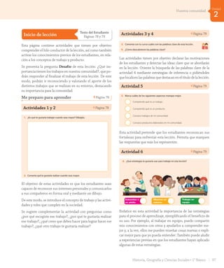 Inicio de lección
Texto del Estudiante
Páginas 78 y 79
Esta página contiene actividades que tienen por objetivo
comprender el hilo conductor de la lección, así como también
activar los conocimientos previos de los estudiantes, en rela-
ción a los conceptos de trabajo y producto.
Se presenta la pregunta Desafío de esta lección: ¿Qué im-
portancia tienen los trabajos en nuestra comunidad?, que po-
drán responder al finalizar el trabajo de esta lección. De este
modo, podrán ir reconociendo y valorando el aporte de los
distintos trabajos que se realizan en su entorno, destacando
su importancia para la comunidad.
Me preparo para aprender Página 78
Actividades 1 y 2 Página 78
78 #
Trabajos y productos
de mi comunidad
Lección
2
78
Me preparo para aprender
Escucha y realiza las actividades.
1. ¿En qué te gustaría trabajar cuando seas mayor? Dibújalo.
2. Comenta qué te gustaría realizar cuando seas mayor.
Al final de esta lección podrás responder:
¿Qué importancia tienen los trabajos en nuestra comunidad?
Desafío
setenta y ocho
U2_Hist_1B_1txt_1/2_Punto.indd 78 15-06-18 11:38
El objetivo de estas actividades es que los estudiantes sean
capaces de reconocer sus intereses personales y comunicarlos
a sus compañeros en forma oral y mediante un dibujo.
De este modo, se introduce el concepto de trabajo y las activi-
dades y roles que cumplen en la sociedad.
Se sugiere complementar la actividad con preguntas como
¿por qué escogiste ese trabajo?, ¿por qué te gustaría realizar
ese trabajo?, ¿qué crees que debes hacer para lograr hacer ese
trabajo?, ¿qué otro trabajo te gustaría realizar?
Actividades 3 y 4 Página 79
79#
Unidad
2
79
3. Comenta con tu curso cuáles son las palabras clave de esta lección.
4. ¿Cómo descubrieron las palabras clave?
5. Marca cuáles de los siguientes aspectos manejas mejor.
Comprendo qué es un trabajo.
Comprendo qué es un producto.
Conozco trabajos de mi comunidad.
Conozco productos elaborados en mi comunidad.
6. ¿Qué estrategias te gustaría usar para trabajar en esta lección?
Trabajar en
equipo
Entrevistar a
un adulto
Observar mi
entorno
7. En grupos de tres, conversen sobre lo que saben acerca de los trabajos y los
productos que se elaboran en su comunidad.
setenta y nueve
U2_Hist_1B_1txt_1/2_Punto.indd 79 15-06-18 11:38
Las actividades tienen por objetivo declarar las motivaciones
de los estudiantes y detectar las ideas clave que se abordarán
en la lección. Oriente la búsqueda de las palabras clave de la
actividad 4 mediante estrategias de inferencia o pidiéndoles
que localicen las palabras que destacan en el título de la lección.
Actividad 5 Página 79
79#
Unidad
2
79
3. Comenta con tu curso cuáles son las palabras clave de esta lección.
4. ¿Cómo descubrieron las palabras clave?
5. Marca cuáles de los siguientes aspectos manejas mejor.
Comprendo qué es un trabajo.
Comprendo qué es un producto.
Conozco trabajos de mi comunidad.
Conozco productos elaborados en mi comunidad.
6. ¿Qué estrategias te gustaría usar para trabajar en esta lección?
Trabajar en
equipo
Entrevistar a
un adulto
Observar mi
entorno
7. En grupos de tres, conversen sobre lo que saben acerca de los trabajos y los
productos que se elaboran en su comunidad.
setenta y nueve
U2_Hist_1B_1txt_1/2_Punto.indd 79 15-06-18 11:38
Esta actividad pretende que los estudiantes reconozcan sus
fortalezas para enfrentar esta lección. Permita que marquen
las respuestas que más los representen.
Actividad 6 Página 79
79#
Unidad
2
79
3. Comenta con tu curso cuáles son las palabras clave de esta lección.
4. ¿Cómo descubrieron las palabras clave?
5. Marca cuáles de los siguientes aspectos manejas mejor.
Comprendo qué es un trabajo.
Comprendo qué es un producto.
Conozco trabajos de mi comunidad.
Conozco productos elaborados en mi comunidad.
6. ¿Qué estrategias te gustaría usar para trabajar en esta lección?
Trabajar en
equipo
Entrevistar a
un adulto
Observar mi
entorno
7. En grupos de tres, conversen sobre lo que saben acerca de los trabajos y los
productos que se elaboran en su comunidad.
setenta y nueve
U2_Hist_1B_1txt_1/2_Punto.indd 79 15-06-18 11:38
Enfatice en esta actividad la importancia de las estrategias
para el proceso de aprendizaje, ejemplificando el beneficio de
su uso. Por ejemplo, al trabajar en equipo, puedo compartir
mis conocimientos con otros y ayudarlos a comprender me-
jor y, a la vez, ellos me pueden enseñar cosas nuevas o expli-
car mejor para que yo pueda entender. También puede aludir
a experiencias previas en que los estudiantes hayan aplicado
algunas de estas estrategias.
97Historia, Geografía y Ciencias Sociales • 1° Básico
2
Unidad
Nuestra comunidad
GDD_Histo_1Bº_U2_L1.indd 97 24-09-18 17:31
 
