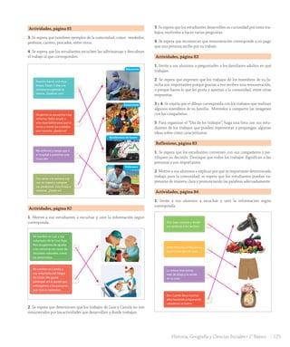 Actividades, página 81
3. Se espera que nombren ejemplos de la comunidad, como: vendedor,
profesor, cartero, pescador, entre otros.
4. Se espera que los estudiantes escuchen las adivinanzas y descubran
el trabajo al que corresponden. Unidad
2
81
3. Nombra dos ejemplos de trabajos en tu comunidad.
4. Escucha y une según corresponda.
Nuestro barrio está muy
limpio. Pasan 3 días a la
semana recogiendo la
basura. ¿Quiénes son?
Mi perrito se encuentra muy
enfermo. Debo acudir a
este especialista para que lo
revise y recete los cuidados
que necesita. ¿Quién es?
Me enfermé y tengo que ir
al hospital a ponerme una
inyección.
Dos veces a la semana voy
con mi mamá a comprar
sus productos: ricas frutas y
verduras. ¿Quién es?
Veterinario
Comerciante
Enfermera
Recolectores de basura
ochenta y uno
U2_Hist_1B_1txt_1/2_Punto.indd 81 15-06-18 11:38
Actividades, página 82
1. Motive a sus estudiantes a escuchar y unir la información según
corresponda.
Lección 2 Trabajos y productos de mi comunidad
82
¿Qué son los trabajos remunerados y no remunerados?
Los trabajos que se realizan a cambio de un pago o dinero se llaman trabajos
remunerados.
Los trabajos que se hacen sin recibir un pago se llaman trabajos no remunerados.
En ellos, las personas trabajan de forma voluntaria; por ejemplo, los bomberos, los
voluntarios de diferentes organizaciones, voluntarios para el cuidado de ancianos,
enfermos y niños, y el trabajo doméstico.
1. Escucha y une según corresponda.
Mi nombre es Luis y soy
voluntario de la Cruz Roja.
Nos ocupamos de ayudar
a las personas en casos de
desastres naturales, como
los terremotos.
Mi nombre es Camila y
soy voluntaria del Hogar
de Cristo. Me gusta
participar en la ayuda que
entregamos a las personas
que más lo necesitan.
2. Los trabajos de Luis y Camila, ¿son remunerados o no remunerados?, ¿cómo lo sabes?
3. Si tuvieras la oportunidad de conocer a estas personas, ¿qué preguntas
les harías?
4. En parejas, creen una definición para la palabra “remuneración”.
ochenta y dos
U2_Hist_1B_1txt_1/2_Punto.indd 82 15-06-18 11:38
2. Se espera que determinen que los trabajos de Luis y Camila no son
remunerados por las actividades que desarrollan y donde trabajan.
3. Se espera que los estudiantes desarrollen su curiosidad por estos tra-
bajos; motívelos a hacer varias preguntas.
4. Se espera que reconozcan que remuneración corresponde a un pago
que una persona recibe por su trabajo.
Actividades, página 83
1. Invite a sus alumnos a preguntarles a los familiares adultos en qué
trabajan.
2. Se espera que expresen que los trabajos de los miembros de su fa-
milia son importantes porque gracias a eso reciben una remuneración,
o porque hacen lo que les gusta y aportan a la comunidad, entre otras
respuestas.
3 y 4. Se espera que el dibujo corresponda con los trabajos que realizan
algunos miembros de su familia. Motívelos a compartir las imágenes
con los compañeros.
5. Para organizar el “Día de los trabajos”, haga una lista con sus estu-
diantes de los trabajos que pueden representar y propongan algunas
ideas sobre cómo caracterizarse.
Reflexiono, página 83
1. Se espera que los estudiantes conversen con sus compañeros y jus-
tifiquen su decisión. Destaque que todos los trabajos dignifican a las
personas y son importantes.
2. Motive a sus alumnos a explicar por qué es importante determinado
trabajo para la comunidad; se espera que los estudiantes puedan ex-
presarse de manera clara y pronunciando las palabras adecuadamente.
Actividades, página 84
1. Invite a sus alumnos a escuchar y unir la información según
corresponda.
Lección 2 Trabajos y productos de mi comunidad
84
¿De dónde vienen los productos de mi comunidad?
¿De dónde vienen los productos?
Algunos productos se obtienen de la naturaleza y otros son elaborados por
diferentes trabajadores.
1. Escucha y une según corresponda.
La señora Ana extrae
miel de abeja y la vende
en su casa.
Don Camilo lleva muchos
años haciendo y reparando
calzado en su barrio.
Doña Marcela confecciona y
repara todo tipo de ropa.
Don Juan cosecha y vende
sus verduras a los vecinos.
ochenta y cuatro
U2_Hist_1B_1txt_1/2_Punto.indd 84 15-06-18 11:38
125Historia, Geografía y Ciencias Sociales • 1° Básico
GDD_Histo_1Bº_U2_L1.indd 125 24-09-18 17:31
 