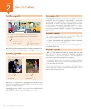 Unidad
2 Solucionarios
Actividades, página 99 Unidad
2
99
3. En parejas, observen la imagen:
a. Encierren en la imagen aquellas personas que conviven en la vía pública.
b. Comenten y marquen con un ✔: ¿Qué normas de seguridad debe tener el
peatón?
Mirar para ambos lados de
la calle antes de cruzar.
No mirar el semáforo.
Escuchar música mientras
cruza.
Utilizar el paso peatonal
demarcado en la calle.
4. Dibuja un trabajo que realice alguna persona de tu familia.
noventa y nueve
U2_Hist_1B_1txt_1/2_Punto.indd 99 15-06-18 11:38
3
3
4. Se espera que los estudiantes dibujen un ejemplo de trabajos que rea-
licen sus familiares. Motívelos a compartir las imágenes con el curso.
Actividades, página 100
Para terminar
100
5. Marca lo que corresponde a cada imagen:
Remunerado
No remunerado
Remunerado
No remunerado
6. ¿Por qué es importante tener normas de convivencia en el colegio? Comenten
en el curso.
7. Dibuja dos productos característicos de tu localidad.
cien
U2_Hist_1B_1txt_1/2_Punto.indd 100 15-06-18 11:38
6. Se espera que comenten que es importante tener normas de convi-
vencia en el colegio para nuestro autocuidado y para mantener buenas
relaciones, entre otras respuestas.
7. Respuesta variable. Se espera que los dibujos sean característicos de
la localidad. Motívelos a compartir las imágenes con el curso.
3 3
Síntesis, página 101
Se espera que los estudiantes escriban que son parte de una comuni-
dad. Pueden mencionar trabajadores como bomberos o carabineros,
que se encargan de apagar incendios o capturar a los asaltantes, res-
pectivamente. En cuanto a los productos, pueden señalar frutas/ver-
duras o elementos de su casa que utilizan para alimentarse. En cuan-
to a las instituciones, pueden nombrar los hospitales y los colegios,
cuya función es atender la salud de las personas o educar a los niños,
respectivamente.
Actividades, página 102
1. Se espera que sean reflexivos frente a sus aprendizajes. Para cada
nivel de logro pueden dar un ejemplo de forma oral.
2. Se espera que respondan que convivimos en nuestra comunidad
cumpliendo normas y respetando a los demás.
3. Se espera que sus estudiantes reconozcan sus nuevos aprendizajes y
los comenten con el curso.
Actividades, página 103
4. a. b. c. En estas preguntas se espera que los estudiantes sean auto-
críticos. Motívelos a reconocer la importancia de identificar sus debili-
dades y fortalezas. La respuesta a la pregunta c. varía dependiendo del
alumno, pero se espera que marquen las tres imágenes.
5. Invite a sus estudiantes a que reconozcan la estrategia que les ayudó
a aprender mejor. Realice una votación en el curso para descubrir cuáles
son las estrategias más utilizadas.
6. Se espera que los estudiantes comenten que lo aprendido en la uni-
dad sirve para tener una mejor convivencia, autocuidarnos, y valorar
más los trabajos y las instituciones.
128 Guía Didáctica del Docente
GDD_Histo_1Bº_U2_L1.indd 128 24-09-18 17:31
 