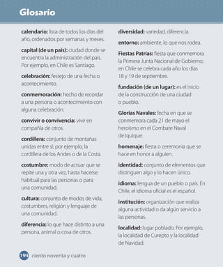 Glosario
194 ciento noventa y cuatro
calendario: lista de todos los días del
año, ordenados por semanas y meses.
capital (de un país): ciudad donde se
encuentra la administración del país.
Por ejemplo, en Chile es Santiago.
celebración: festejo de una fecha o
acontecimiento.
conmemoración: hecho de recordar
a una persona o acontecimiento con
alguna celebración.
convivir o convivencia: vivir en
compañía de otros.
cordillera: conjunto de montañas
unidas entre sí; por ejemplo, la
cordillera de los Andes o de la Costa.
costumbre: modo de actuar que se
repite una y otra vez, hasta hacerse
habitual para las personas o para
una comunidad.
cultura: conjunto de modos de vida,
costumbres, religión y lenguaje de
una comunidad.
diferencia: lo que hace distinto a una
persona, animal o cosa de otros.
diversidad: variedad, diferencia.
entorno: ambiente, lo que nos rodea.
Fiestas Patrias: fiesta que conmemora
la Primera Junta Nacional de Gobierno;
en Chile se celebra cada año los días
18 y 19 de septiembre.
fundación (de un lugar): es el inicio
de la construcción de una ciudad
o pueblo.
Glorias Navales: fecha en que se
conmemora cada 21 de mayo el
heroísmo en el Combate Naval
de Iquique.
homenaje: fiesta o ceremonia que se
hace en honor a alguien.
identidad: conjunto de elementos que
distinguen algo y lo hacen único.
idioma: lengua de un pueblo o país. En
Chile, el idioma oficial es el español.
institución: organización que realiza
alguna actividad o da algún servicio a
las personas.
localidad: lugar poblado. Por ejemplo,
la localidad de Curepto y la localidad
de Navidad.
Finales_hist_1B_txt.indd 194 23-07-18 13:36
 